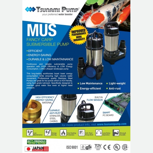 Tsunami MUS750 MUS750A Multipurpose Stainless Steel Koi Pond Submersible Water Pump 750Watt Power