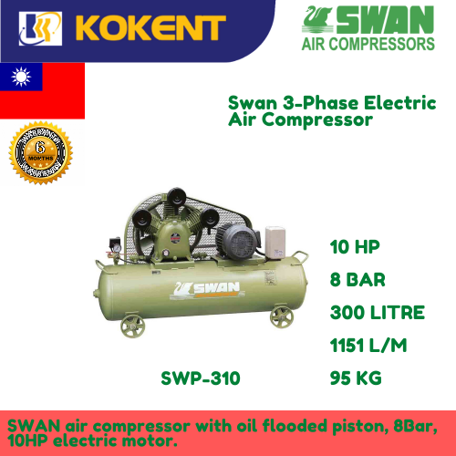 Swan Electric Air Compressor SWP-310: 10HP, 8Bar, FAD1151L/min, 850rpm, 3phase