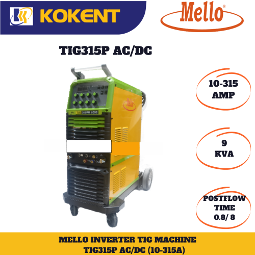 MELLO TIG315PW AC/DC(MOS)3 PHASE INVERTER WITH TROLLY & WATER COOLER TIG WELDING