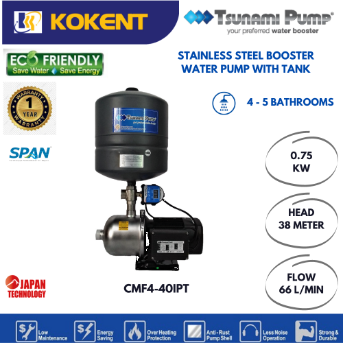 TSUNAMI FOOD GRADE STAINLESS STEEL HOME WATER PUMP WITH PRESSURE TANK (1.0HP) CMF4-40-IPT