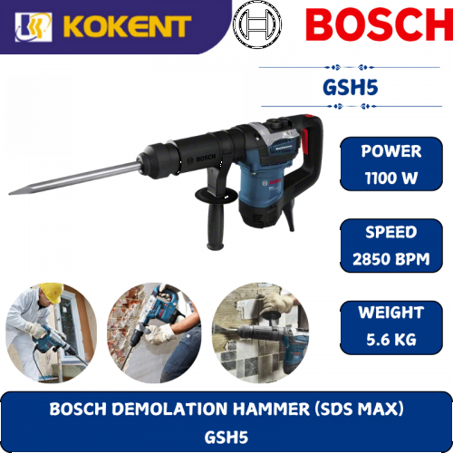 BOSCH HEAVY DUTY DEMOLATION HAMMER GSH5 (1100W,2850BPM,7.5J,SDS-MAX,5.6KG)