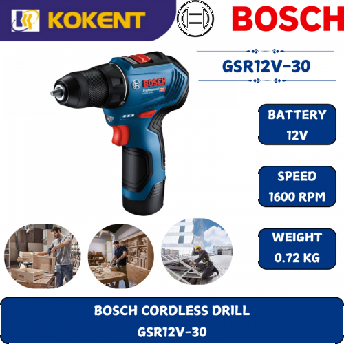 BOSCH HEAVY DUTY CORDLESS DRILL GSR12V-30 (12V,30NM,1600RPM,0.82KG)