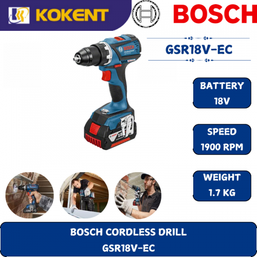 BOSCH HEAVY DUTY CORDLESS DRILL GSR18V-EC (18V,60NM,1900RPM,1.7)