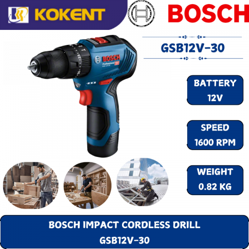 BOSCH HEAVY DUTY CORDLESS IMPACT DRILL GSB12V-30 (12V,30NM,1600RPM,0.82KG)