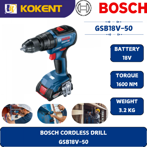 BOSCH HEAVY DUTY CORDLESS IMPACT DRILL GSB18V-50 (18V,2500RPM,50NM,1.5KG)