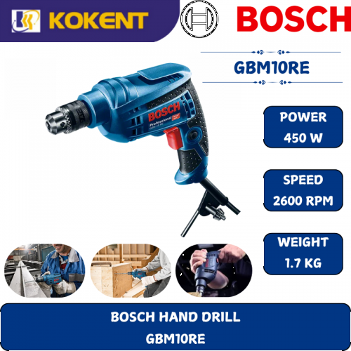 BOSCH HEAVY DUTY HAND DRILL GBM10RE (450W,2600RPM,1.3KG)