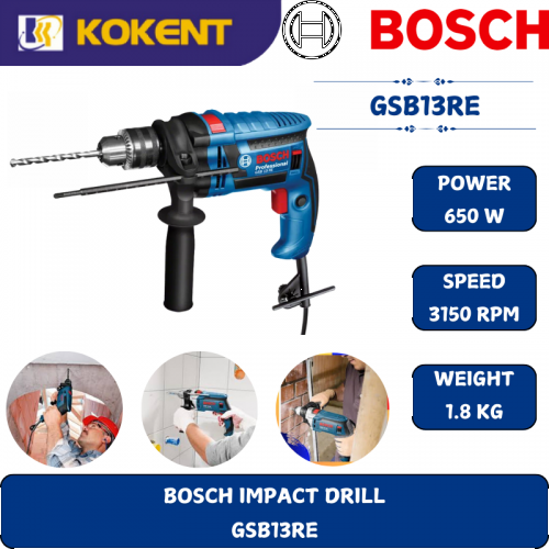 BOSCH HEAVY DUTY IMPACT DRILL GSB13RE (650W,3150RPM,13MM,2KG)