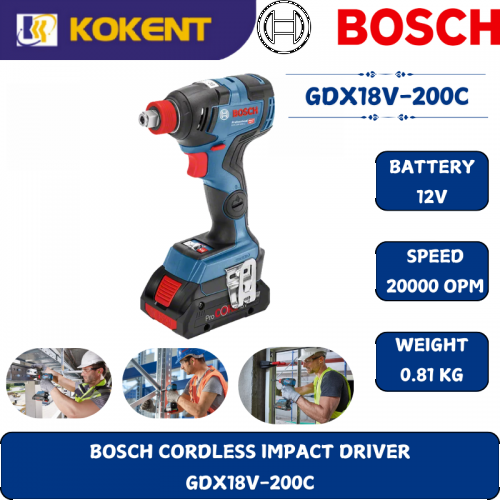 BOSCH HEAVY DUTY CORDLESS IMPACT DRIVER GDX18V-200C (18V,3400RPM,200NM,1.17KG)