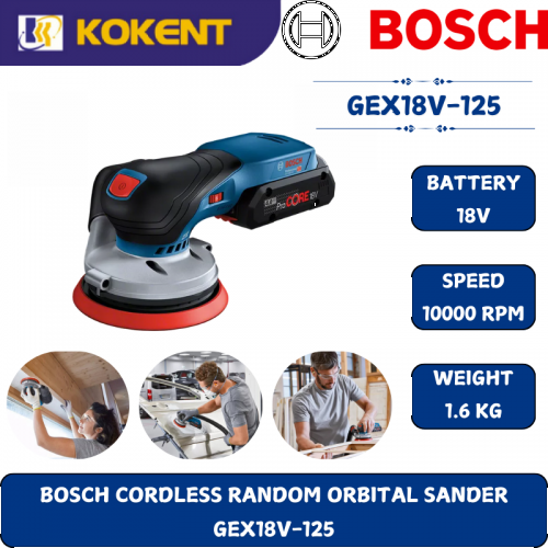 BOSCH HEAVY DUTY CORDLESS RANDOM ORBITAL SANDER GEX18V-125 (18V,10000RPM,150MM,1.1KG)