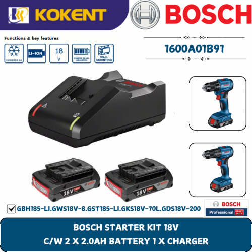 BOSCH STARTER KIT 18V C/W 2 X 2.0AH BATTERY 1 X CHARGER 1600A01B91