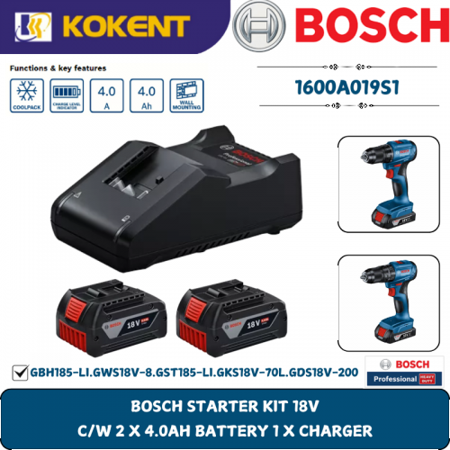 BOSCH STARTER KIT 18V C/W 2 X 4.0AH BATTERY 1 X CHARGER 1600A019S1