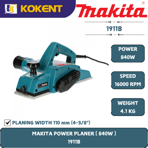 Makita Wood Planer, Planing Width 110mm, Planing Depth 2mm, 840W, 16000rpm, 4.1kg 1911B