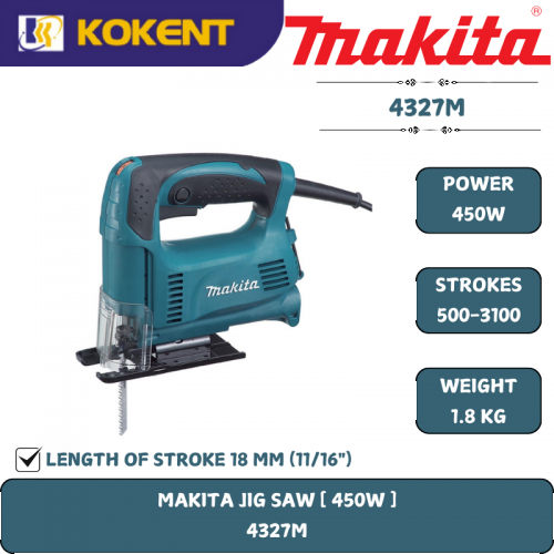 Makita  Jigsaw, 450W, Cutting Capacity 40mm, 500~3100spm, 1.9kg 4327M