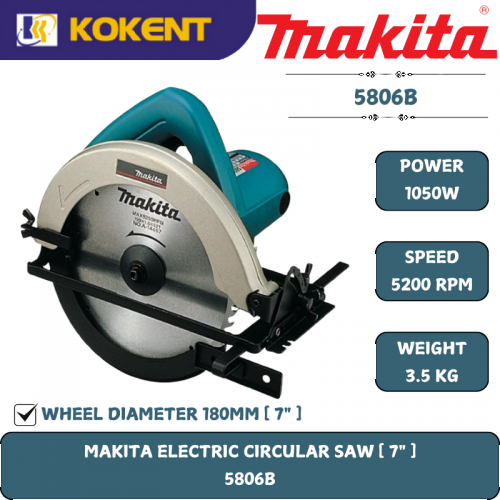 Makita Circular Saw, Blade Diameter 7¼”, 1050W, 5200rpm, 3.5kg 5806B