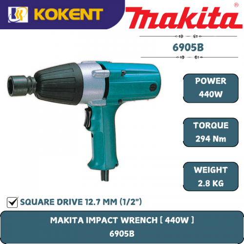 Makita Impact Wrench, Square Dr. 1/2″, 440W, 1700rpm, 294Nm, 2.8kg 6905B