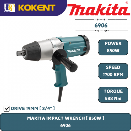 Makita Impact Wrench, Square Dr. 3/4″, 850W, 1700rpm, 588Nm, 5.6kg 6906