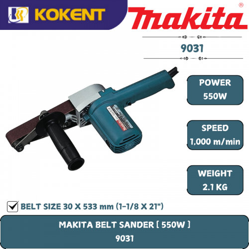 Makita Belt Sander, Belt Size 30 x 533mm, 550W, 200~1000m/min, 2.1kg 9031