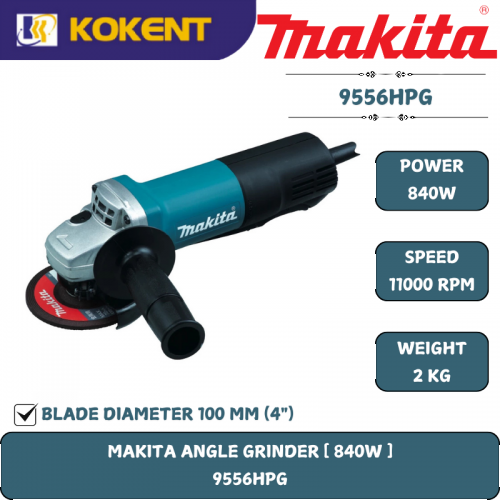Makita Angle Grinder, 4″(100mm), Paddle Switch, 840W, 11000rpm, 1.8kg 9556HPG