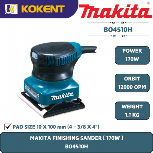Makita Palm Finishing Sander, Size 110mm x 100mm, 170W, 12000opm, 1.2kg BO4510H