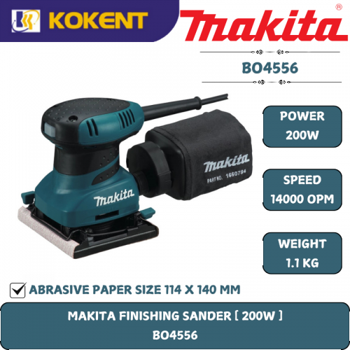 Makita Palm Finishing Sander, Size 112mm x 102mm, 200W, 14000opm, 1.1kg BO4556