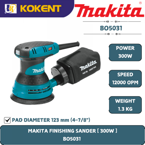 Makita Random Orbital Sander, Pad Diameter 123mm, 300W, 4000~12000opm, 1.3kg BO5031