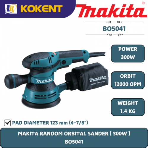 Makita Random Orbital Sander, Pad Diameter 123mm, 400W, 3200~12000opm, 1.4kg BO5041