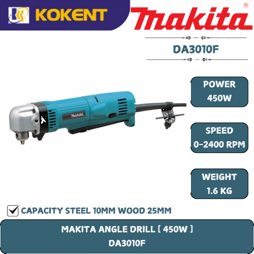 Makita Angle Hand Drill, Chuck 3/8″, 450W, 2400rpm, 1.6kg DA3010F