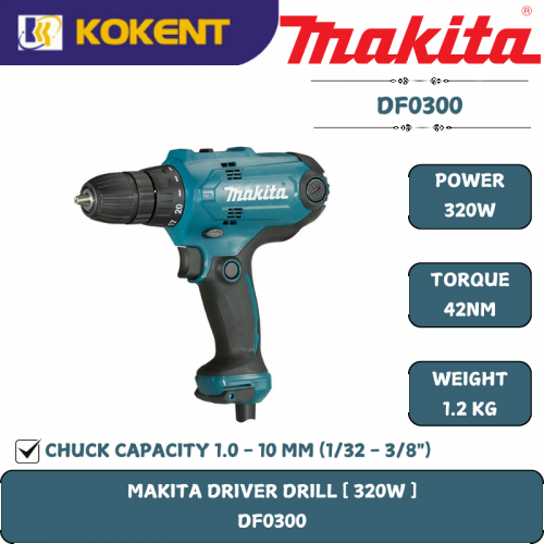 Makita Torque Adjustable Hand Drill, Chuck 3/8″, 320W, 56Nm, 1500rpm, Reversible, 1.2kg DF0300