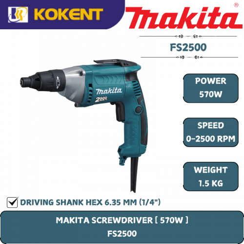 Makita Drywall Screw Driver, Hexagon Drive 1/4″, 570W, 0~2500rpm, 1.5kg FS2500