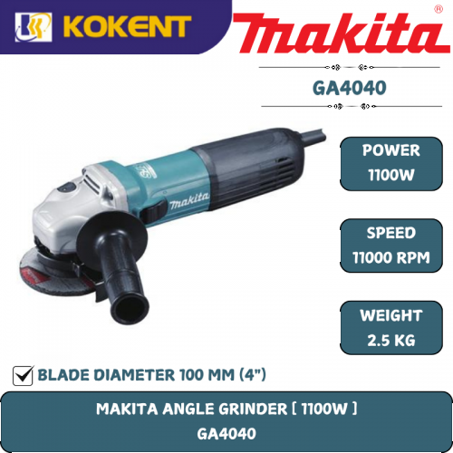 Makita Angle Grinder, 4″(100mm), Slide Switch, 1100W, 11000rpm, 2.2kg GA4040