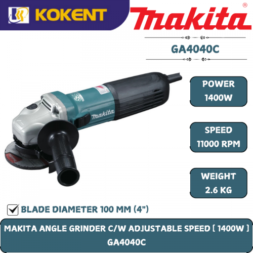 Makita Angle Grinder, 4″(100mm), Slide Switch, 1400W, 2800~11000rpm, 2.3kg GA4040C