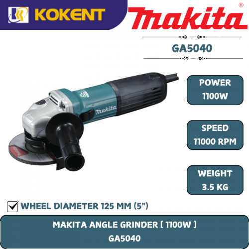 Makita Angle Grinder, 5″(125mm), Trigger Switch, 1100W, 11000rpm, 2.4kg GA5040