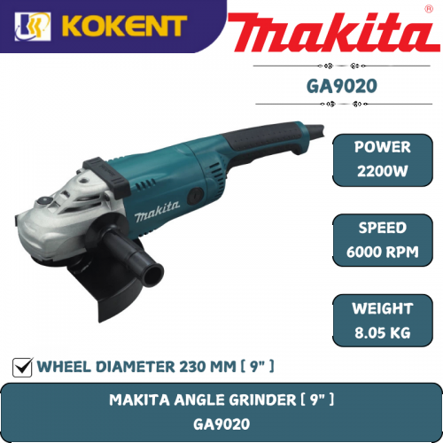 Makita Angle Grinder, 9″(230mm), Trigger Switch, 2200W, 6000rpm, 8kg GA9020