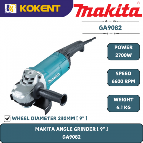 Makita Angle Grinder, 9″(230mm), Trigger Switch, 2200W, 6600rpm, 6kg GA9082