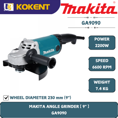 Makita Angle Grinder, 9″(230mm), Trigger Switch, 2200W, 6600rpm, 7.4kg GA9090