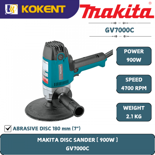 Makita Disc Sander, Disc Size 180mm(7″), 900W, 2500~4700rpm, 2.1kg GV7000C