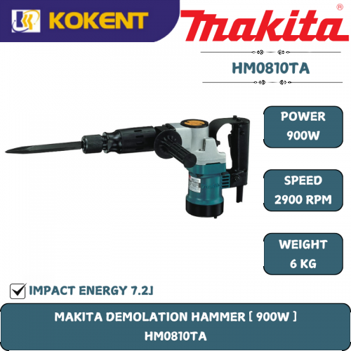 Makita Demolition Hammer, Impact 7.2J, 900W, 2900ipm, 6.3kg HM0810TA