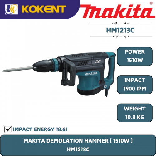 Makita Demolition Hammer, SDS Max, Impact 19.1J, 1510W, 1900ipm, 11kg HM1213C