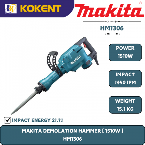 Makita Demolition Hammer, Hex. Shank, Impact 21.7J, 1510W, 1450ipm, 15.1kg HM1306