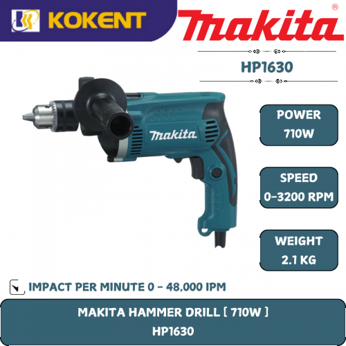 Makita Impact Drill, Drill Chuck 1/2″, 710W, 3200rpm, 48000ipm, 2.1kg HP1630