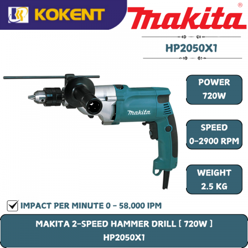Makita Impact Drill, Drill Chuck 1/2″, 720W, 2900rpm, 58000ipm, 2.5kg HP2050X1