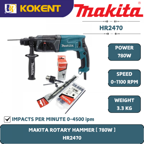 Makita Rotary Hammer, 3-in-1, SDS Plus, Concrete 24mm, 780W, 1100rpm, 2.9kg HR2470X5