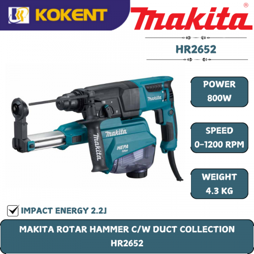 Makita Rotary Hammer, 3-in-1, SDS Plus, Concrete 26mm, 1800W, 0~1200rpm, 4.3kg HR2652