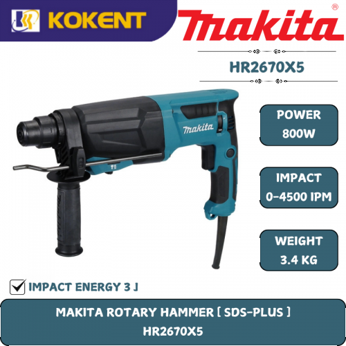 Makita Rotary Hammer, 3-in-1, SDS Plus, Concrete 26mm, 800W, 1500rpm, 3.4kg HR2670X5