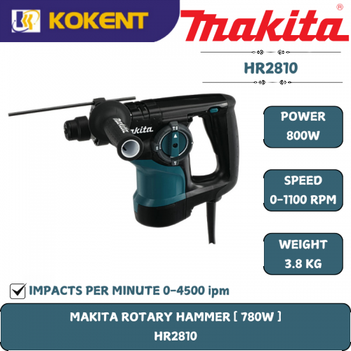Makita Rotary Hammer, 3-in-1, SDS Plus, Concrete 28mm, 800W, 1100rpm, 3.4kg HR2810