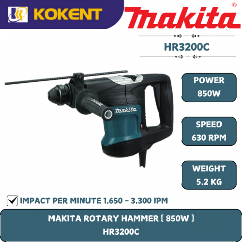 Makita  Rotary Hammer, 3-in-1, SDS Plus, Concrete 32mm, 850W, 630rpm, 5.2kg HR3200C