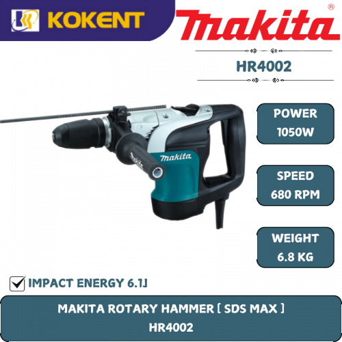 Makita Rotary Hammer, 2-in-1, SDS Max, Concrete 40mm, 1050W, 680rpm, 6.6kg HR4002