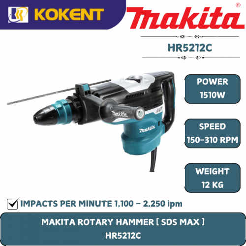 Makita Rotary Hammer, 2-in-1, SDS Max, Concrete 52mm, 1510W, 310rpm, 12kg HR5212C