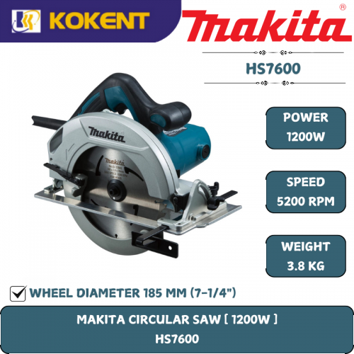 Makita Circular Saw, Blade Diameter 7¼”, 1200W, 5200rpm, 3.8kg HS7600