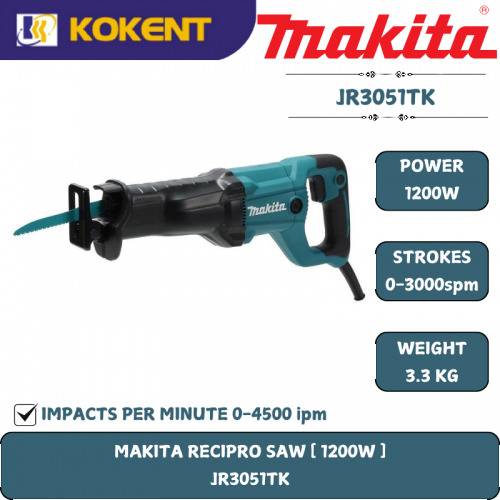 Makita Recipro Saw, Sabre Saw, 1200W, Length of Stroke 30mm, 0~3000spm, 3.3kg JR3051TK
